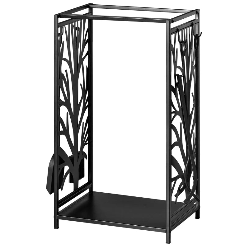 18.1" x 11.8" x 27.6" Firewood Rack with 4 Tools, Log Holder for Fireplace, Outdoor Indoor Wood Storage Stacker, Black