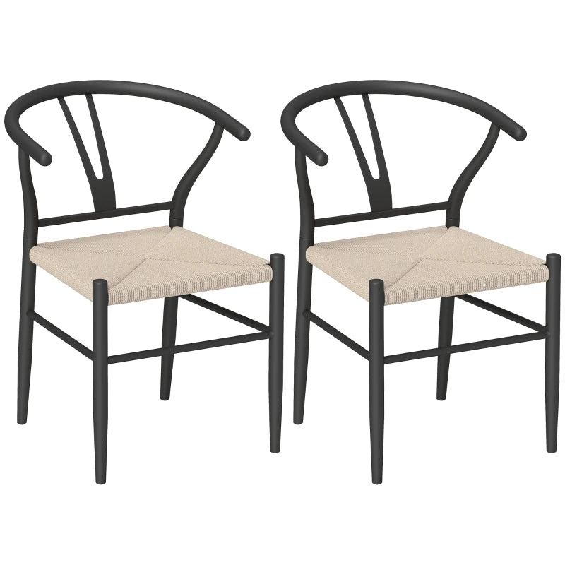 Set of 2 Weave Dining Chairs, Mid-Century Modern Dining Room Chairs with Y-Shaped Backrest and Hemp Seat, Black