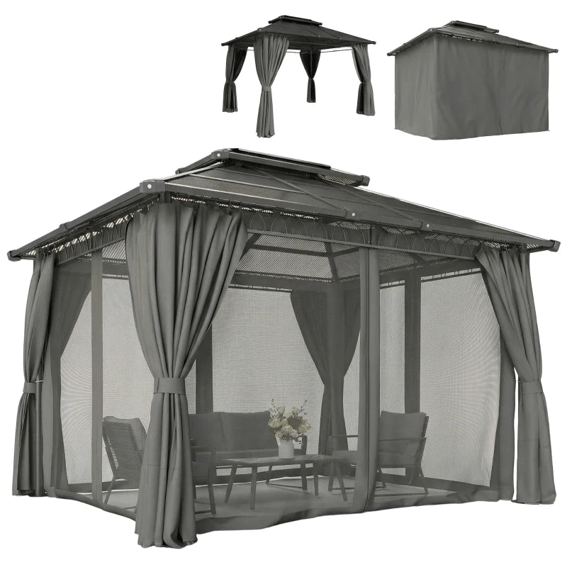 10' x 12' Outdoor Gazebo Canopy, Double Roof Hardtop Gazebo with Polycarbonate Roof, Steel Frame, Nettings and Curtains
