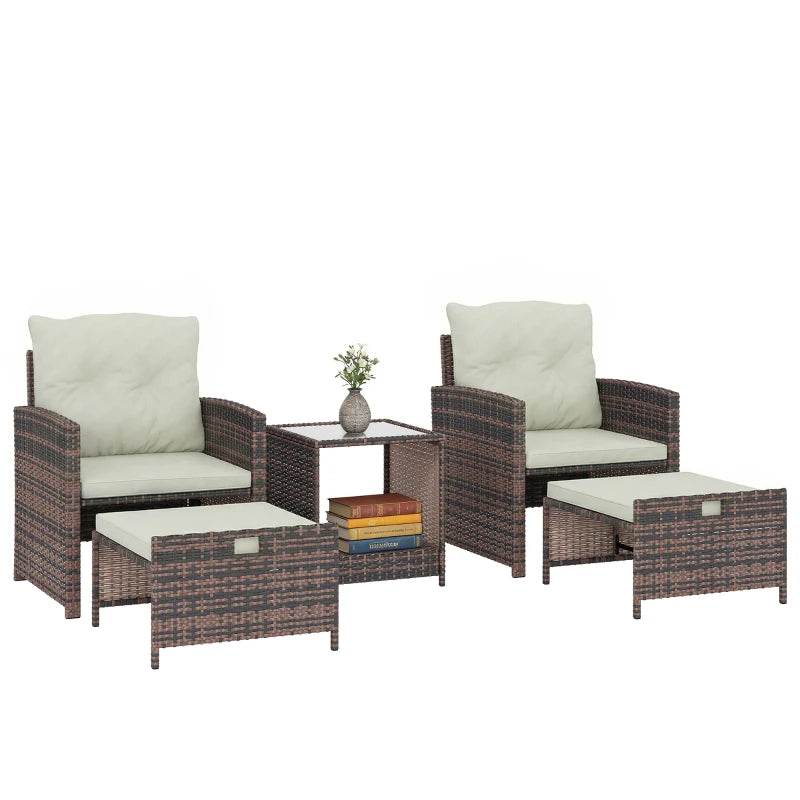 5 Piece Patio Furniture Set, Wicker Patio Chairs with Ottomans, 2-Tier Glass Coffee Table and Cushions, Brown/Cream