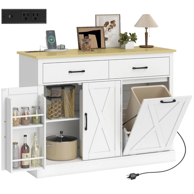 7 Gallon Tilt Out Garbage Cabinet, Kitchen Island with Charging Station, 2 Drawers, 4 Door Racks, White