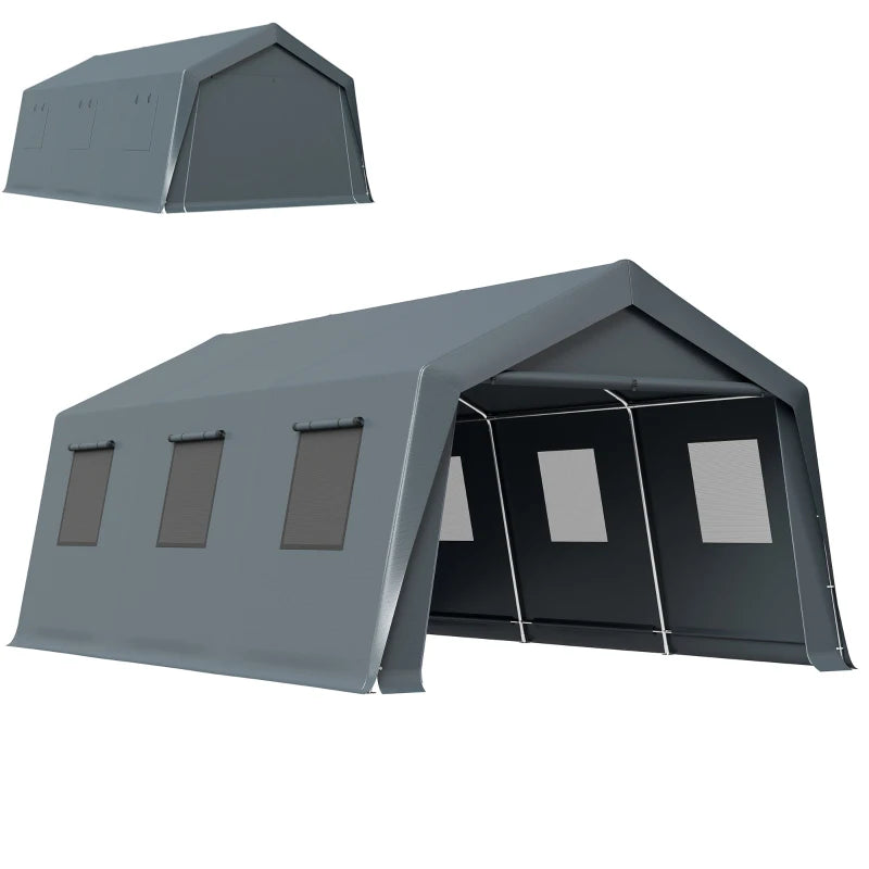 20 x 13 ft Carport, Portable Garage with Roll-Up Door and Windows, PE Canopy, Steel Frame, Dark Grey