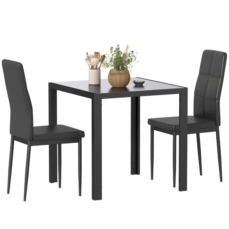 3-Piece Rectangular Glass Kitchen Table and Chairs with Metal Frame and Faux Leather Upholstery for Dining Room, Black