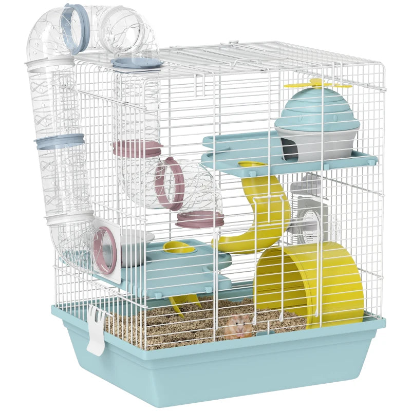 3-Level Hamster Cage with Exercise Wheel, Play Tube, Water Bottle, Food Dish, Hut, Ladder, Blue