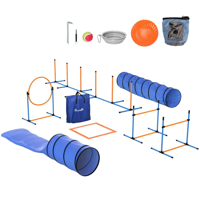 11-Piece Dog Agility Training Equipment Set, Pet Obstacle Course with 2 Tunnels, Adjustable Jumps, Orange Blue