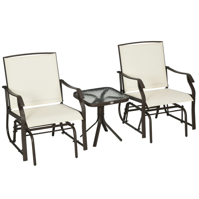 3 Piece Patio Glider Set Outdoor Gliders with Breathable Mesh Seat, Glass Top Table for Garden, Yard, Cream White