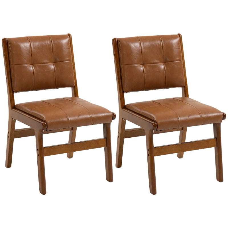 Set of 2 Kitchen Chairs, Button Tufted PU Leather Upholstered Dining Chairs with Rubberwood Legs for Dining Room, Brown