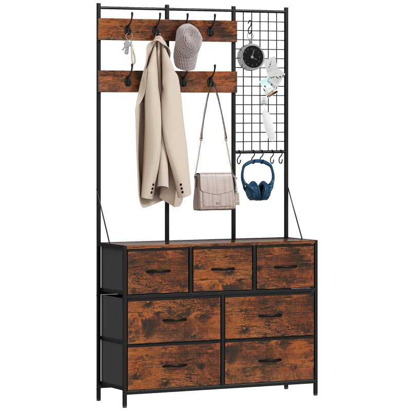 4-In-1 Coat Rack with 7 Drawer Fabric Dresser, Hall Tree with 14 Hooks for Hallway, Entryway, Bedroom, Rustic Brown