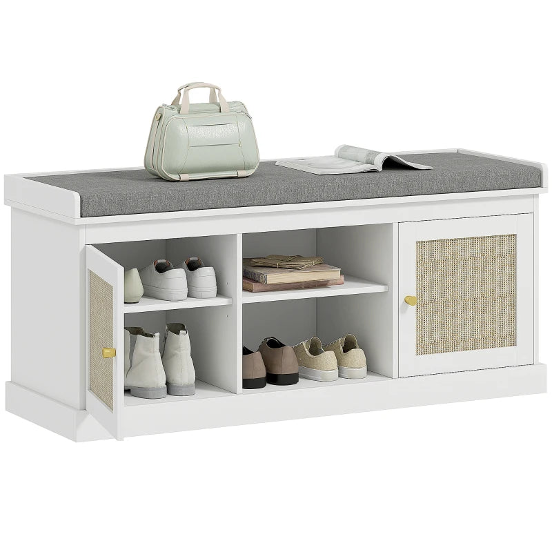 Shoe Bench with Padded Cushion, Boho Entryway Bench with Rattan Doors and Adjustable Shelves, Holds 9 Pairs, White