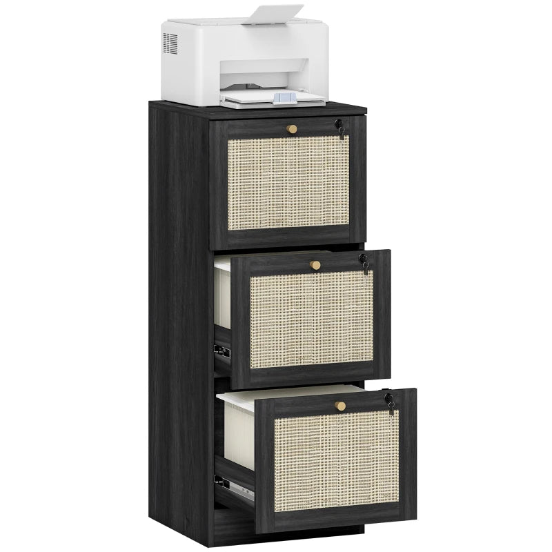 3 Drawer Filing Cabinet with Lock, Boho File Cabinet for A4 Letter Size Files with Decorative Rattan Accents, Black