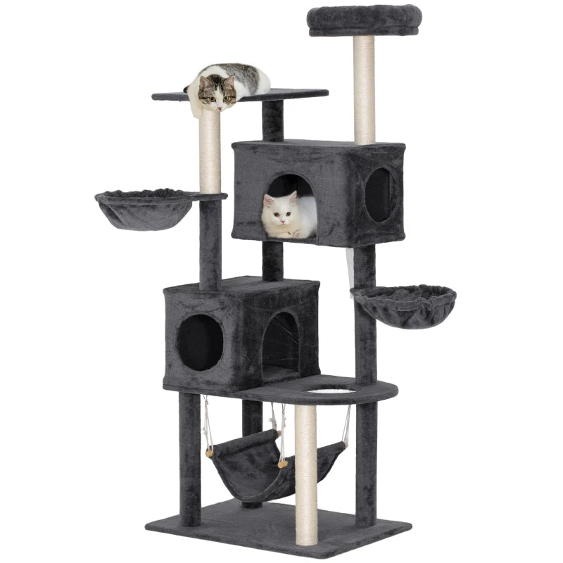 66 Inch Large Cat Tree with 2 Door Condos, 3 Big Hammocks, Plush Top Perch, Sisal Scratching Posts, Dark Grey