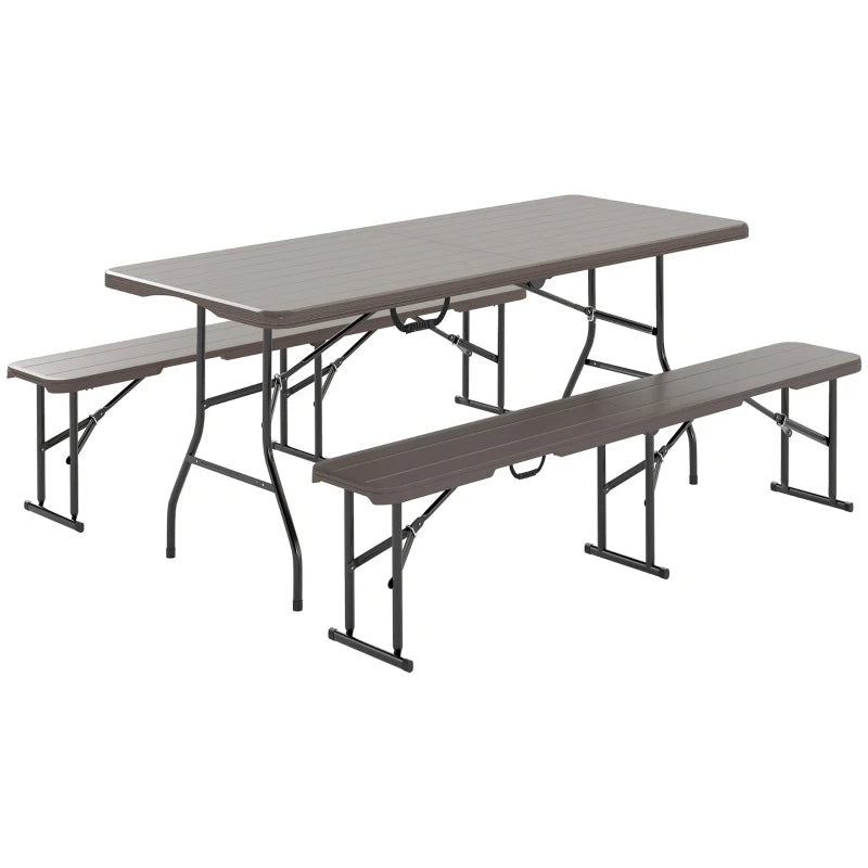 6FT 3PCS Faux Rattan Outdoor Camping Table Bench Set with Carrying Handles, Folding Picnic Table with 2 Benches, Brown