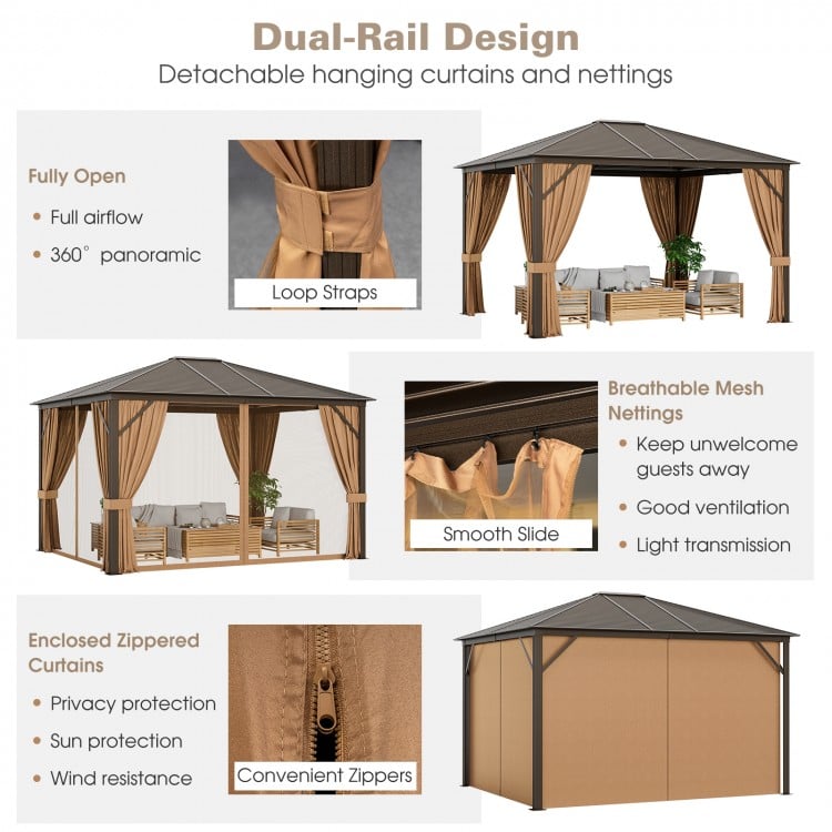 12 x10 Feet Outdoor Hardtop Gazebo with Galvanized Steel Top and Netting-Brown