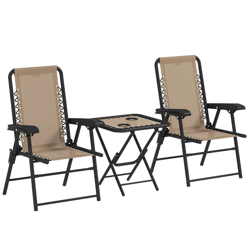 3 Pieces Patio Bistro Set, Outdoor Folding Table and Chairs Set, Metal Patio Furniture Set with Cup Holders, Khaki