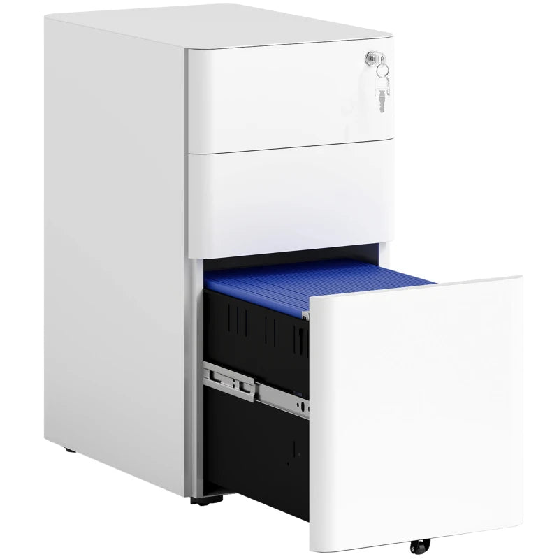 3 Drawer Filing Cabinet, Lockable Steel Office Storage Cabinet with Hanging Bar for Letter, A4, Legal Files, White