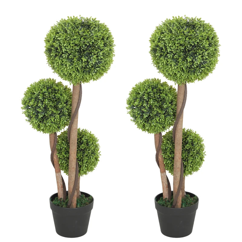 35 Inch 2 Pack Potted Fake Plant, Artificial Boxwood Topiary Trees, Triple Ball Tree for Indoor and Outdoor, Light Green