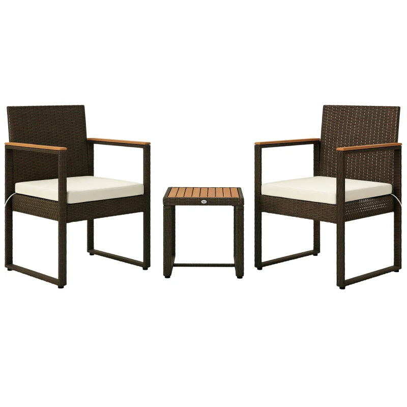 3 Pieces Wicker Patio Furniture Set, Rattan Bistro Set w/ Acacia Wood Table & Removable Cushions, White