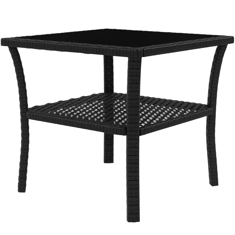 20" Patio Wicker Coffee Table, Outdoor PE Rattan Two-tier Side Table with Glass Top, for Patio, Garden, Balcony, Black