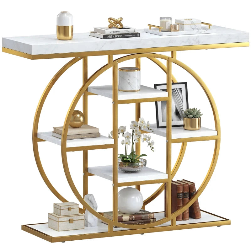 39.4" Console Table with Storage Shelves, Industrial Sofa Table for Living Room, Hallway, White Marble Effect