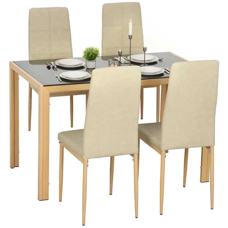 3-Piece Rectangular Glass Kitchen Table and Chairs with Metal Frame and Faux Leather Upholstery for Dining Room