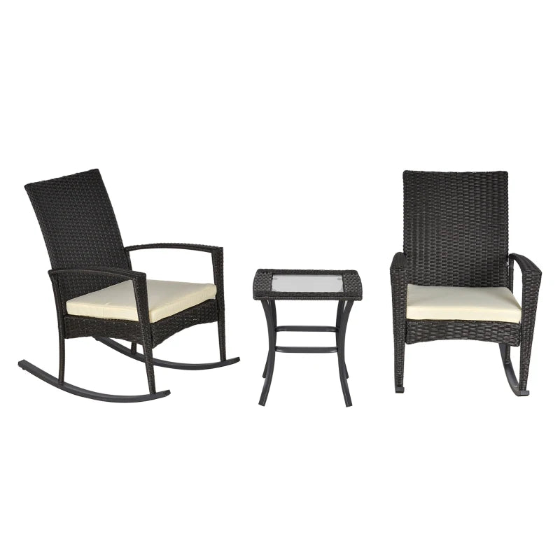 3 Pieces Patio Wicker Rocking Chair Set, Outdoor PE Rattan Bistro Set Conversation Rocker Set with 2 Chairs 1 Coffee Table for Backyard, Deck, Poolside, Dark Grey