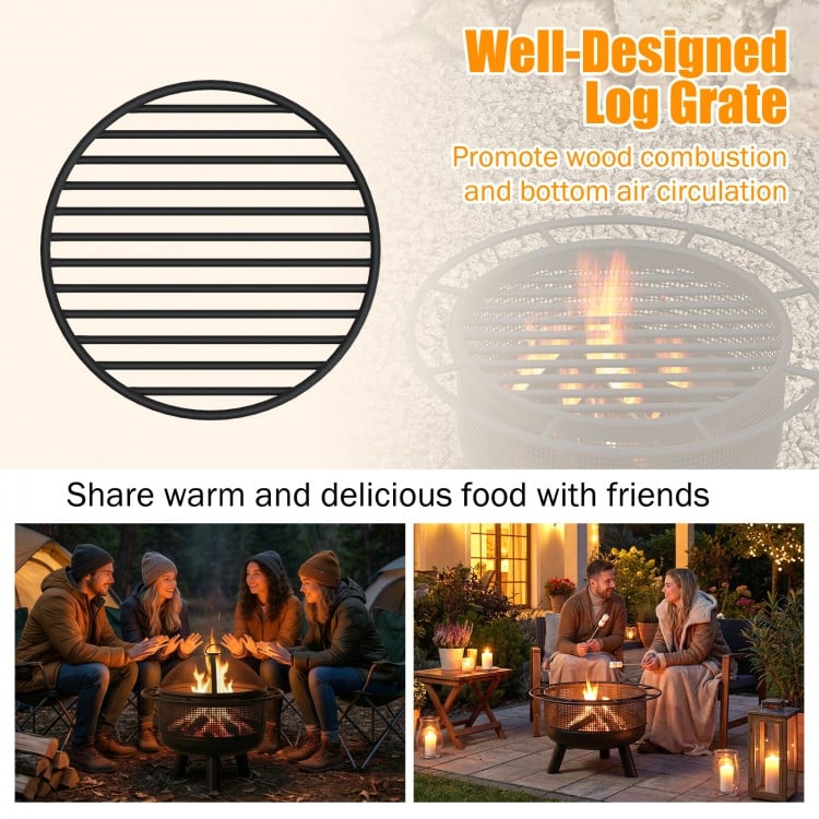 24 Inch Wood Burning Fire Pit with Log Grate and Mesh Screen for Outside