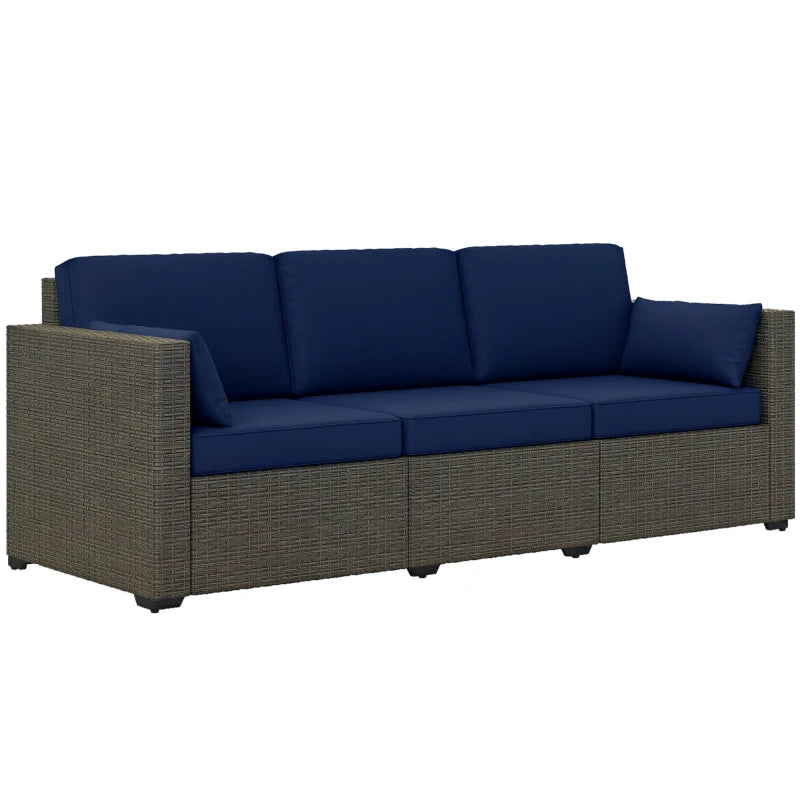 3-Seater Outdoor Sofa with Cushions, PE Rattan Conversation Patio Couch with Pillows for Garden, Poolside, Blue/Brown