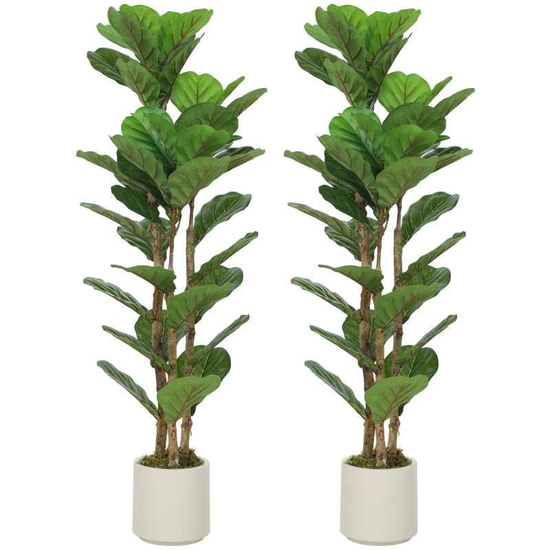 4FT Artificial Fiddle Leaf Fig Tree Set of 2, Fake Potted Tree with Solid Wood Trunks for Indoor Decor, Green