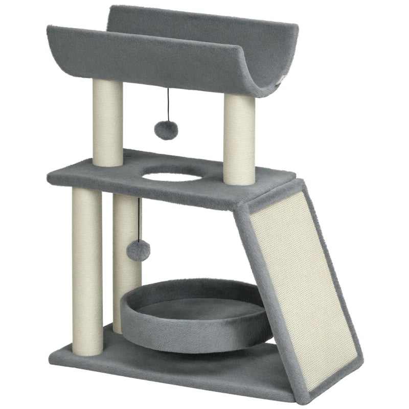 Small Cat Tree with Perch, Scratching Posts, Pad, Bed, Toy Balls, Light Grey