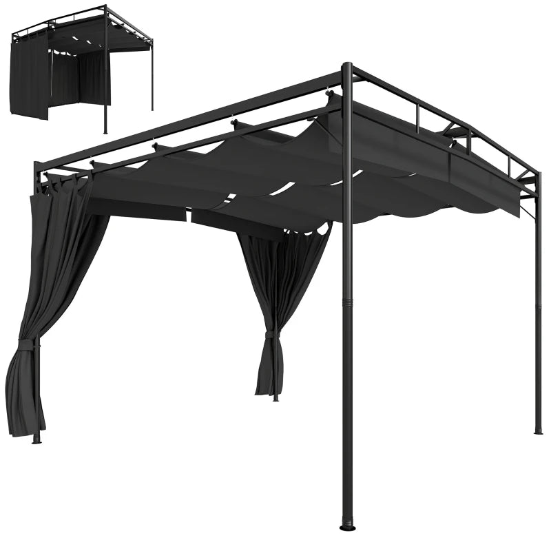 10' x 10' Retractable Pergola Canopy, Outdoor Pergola with Curtains, Metal Garden Gazebo Sun Shade Shelter for Patio