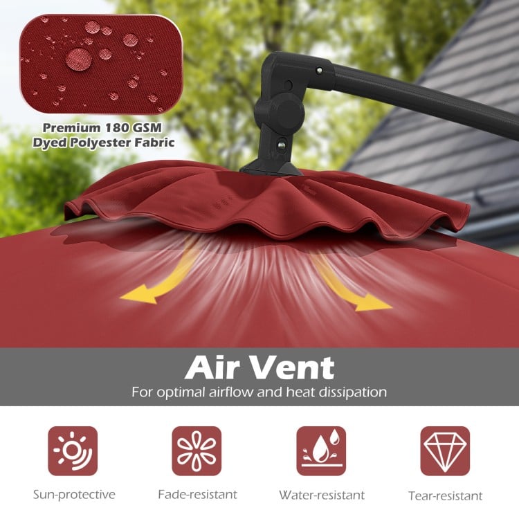 10 Feet Solar Offset Hanging Umbrella with Base and 32 LED Lights-Wine