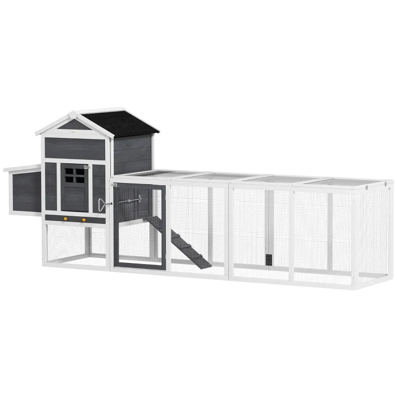 117" Extra Large Chicken Coop with Asphalt Roof, Wooden Hen House with Slide-out Tray, Quail Hutch with Nesting Box, Grey