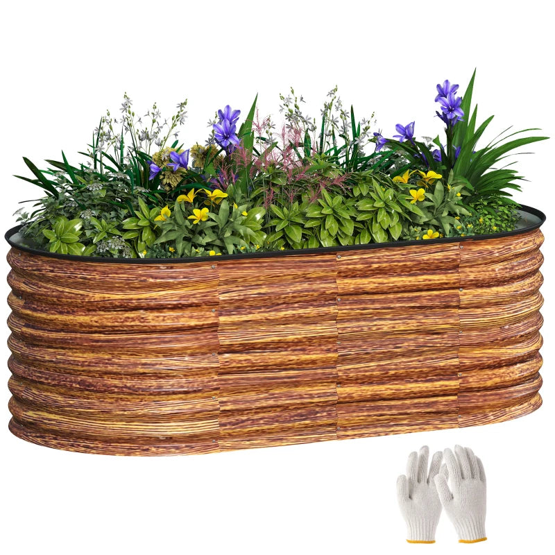 5 x 2.5 x 2 ft Galvanized Raised Garden Bed, Easy DIY Oval Planter Box with Safety Edging and Gloves, Brown Wood Effect