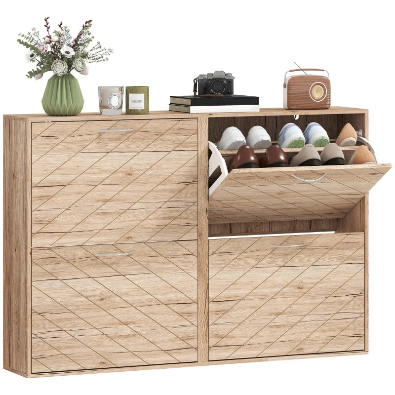 Shoe Storage Cabinet with 4 Flip Drawers, Narrow and Slim, 12-20 Pair of Shoes Organizer for Hallway, Entryway, Oak