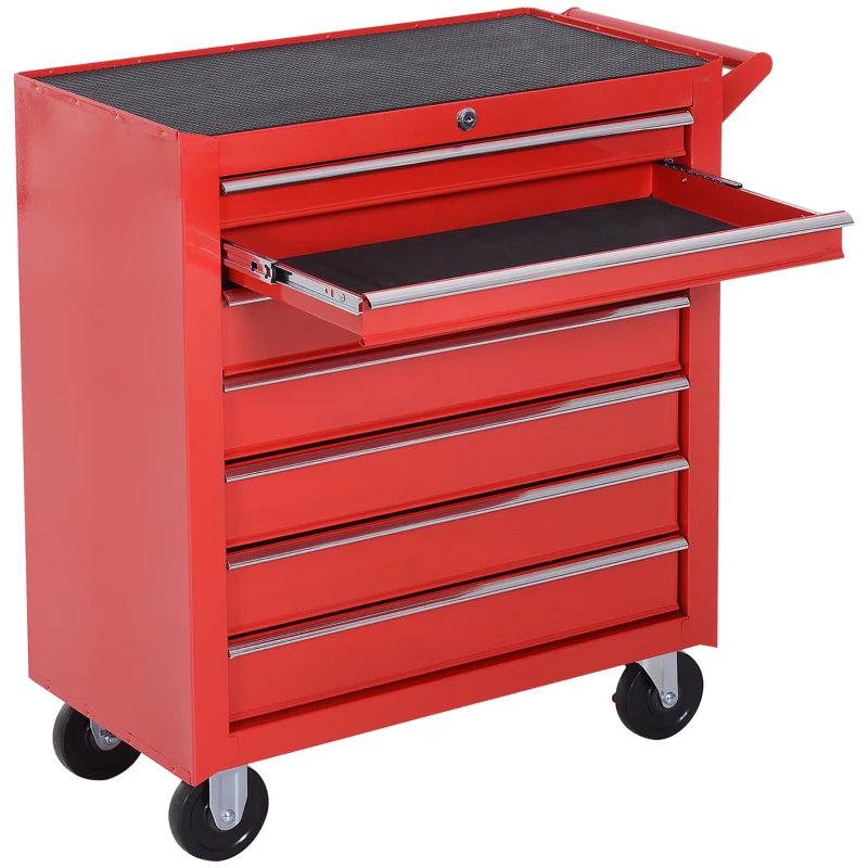 7 Drawer Roller Tool Chest, Mobile Lockable Toolbox, Storage Organizer with Handle for Workshop Mechanics Garage, Red