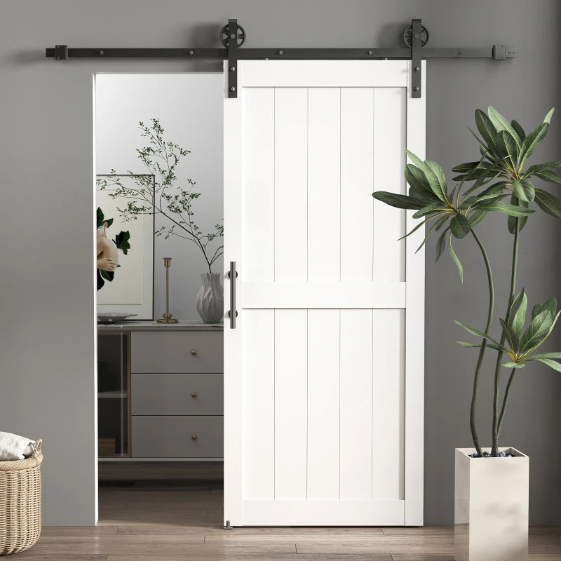 32inx84in Barn Door with 6FT Sliding Door Hardware Kit, Handle, Upgraded Rollers and Floor Guide, Waterproof, White