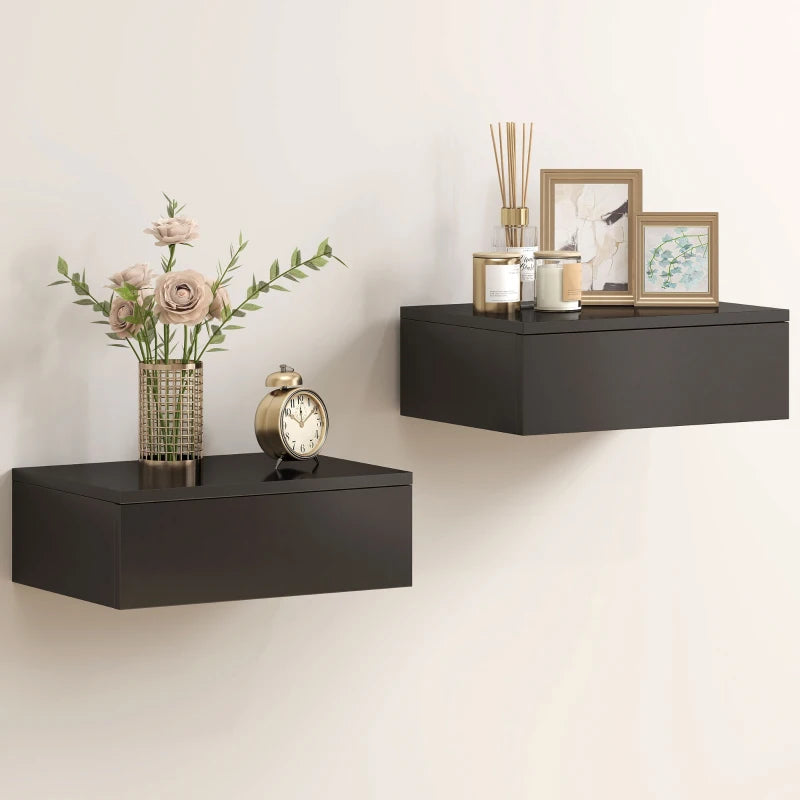 Set of 2 Wall Mounted Bedside Tables, Floating Nightstands with Drawer for Bedroom, Black