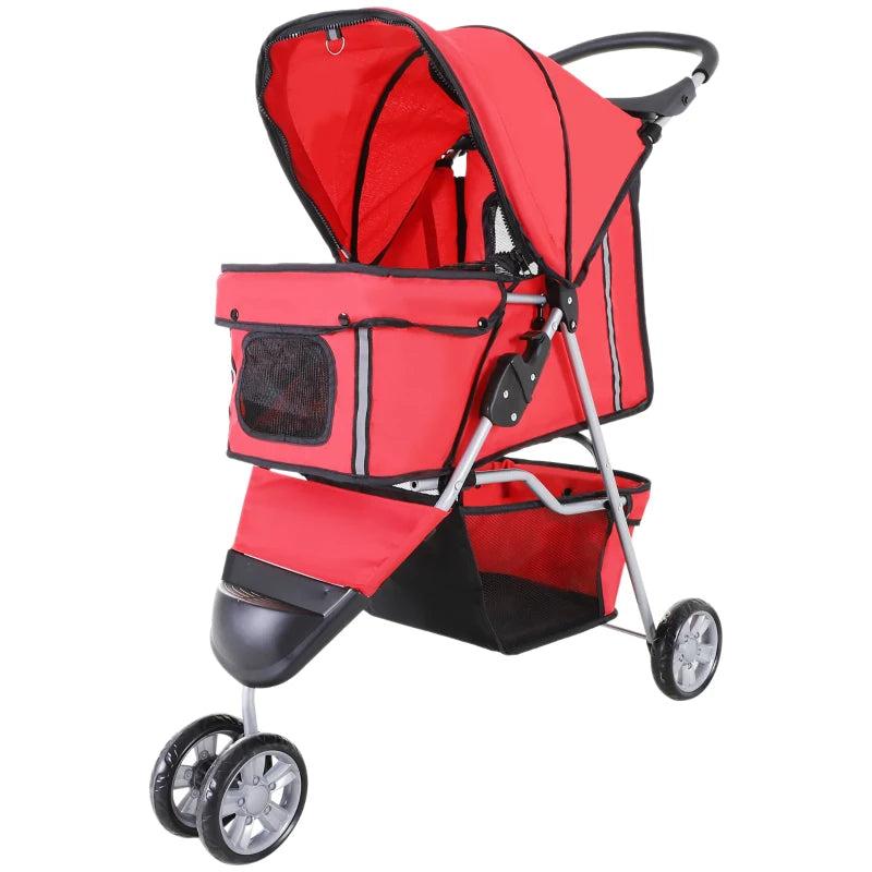 3 Wheels Foldable Dog Stroller with Storage Basket, Adjustable Canopy, Cupholder for Miniature and Small Dogs, Red