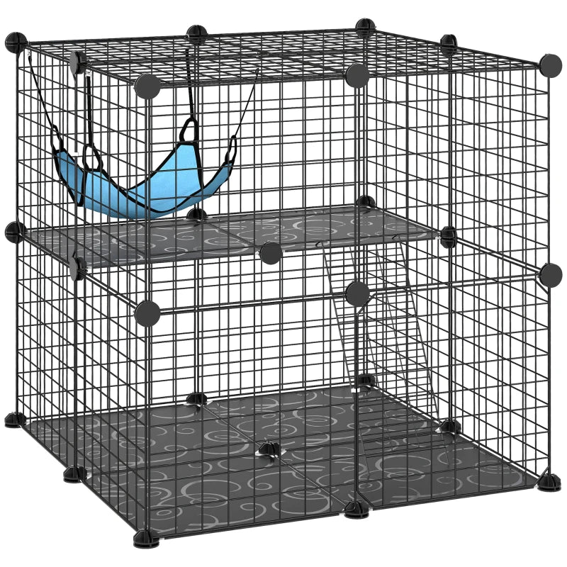 2 Tier Cat Cage Crate, DIY Pet Playpen with 2 Doors, Ladder, Hammock, Perch, Indoor Playpen for Kittens, Black