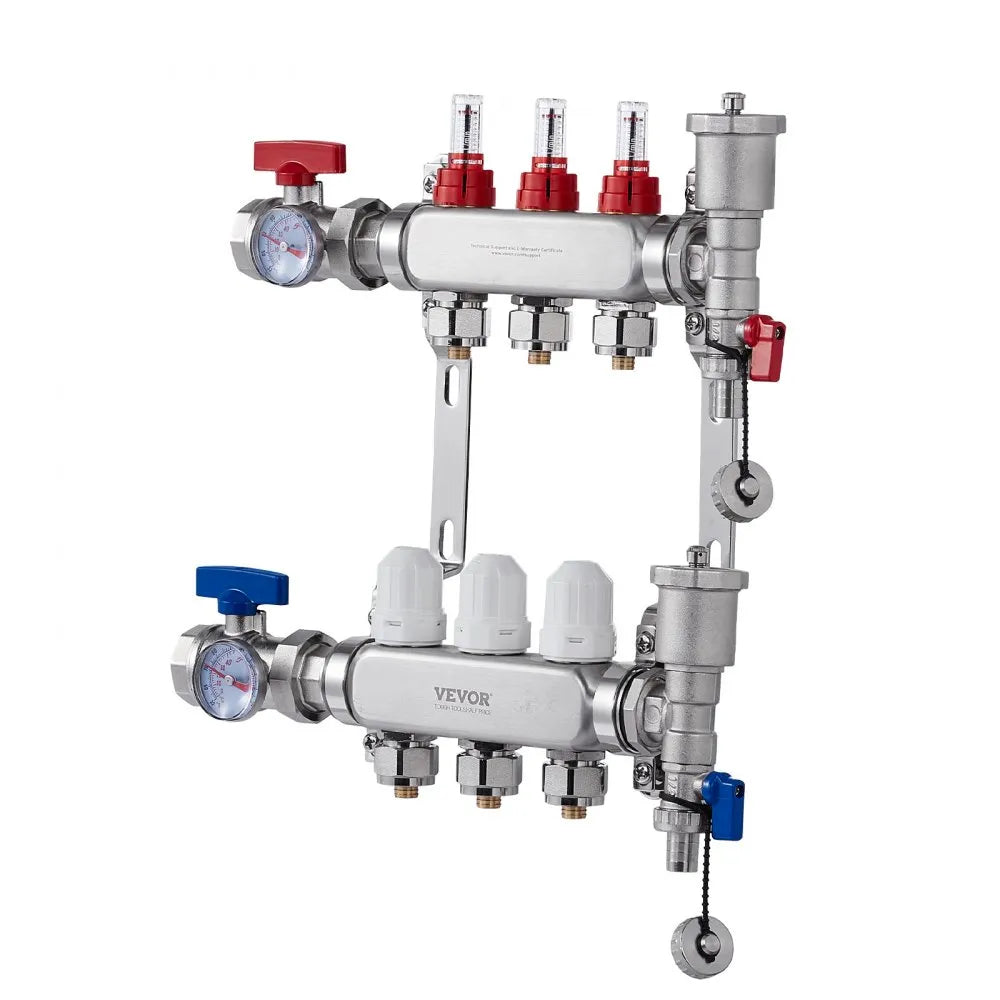 VEVOR 3-Branch Radiant Heat Manifold 1/2" PEX Tubing Floor Heating Manifold Set