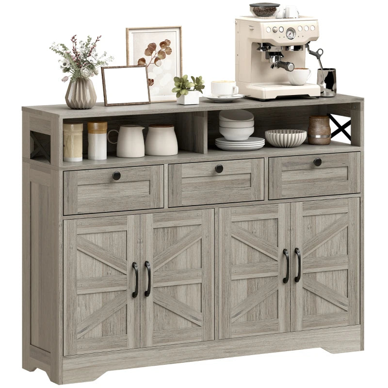 Sideboard, Buffet Cabinet with 4 Barn Doors and 3 Drawers, Coffee Bar Cabinet with Adjustable Shelves, Grey