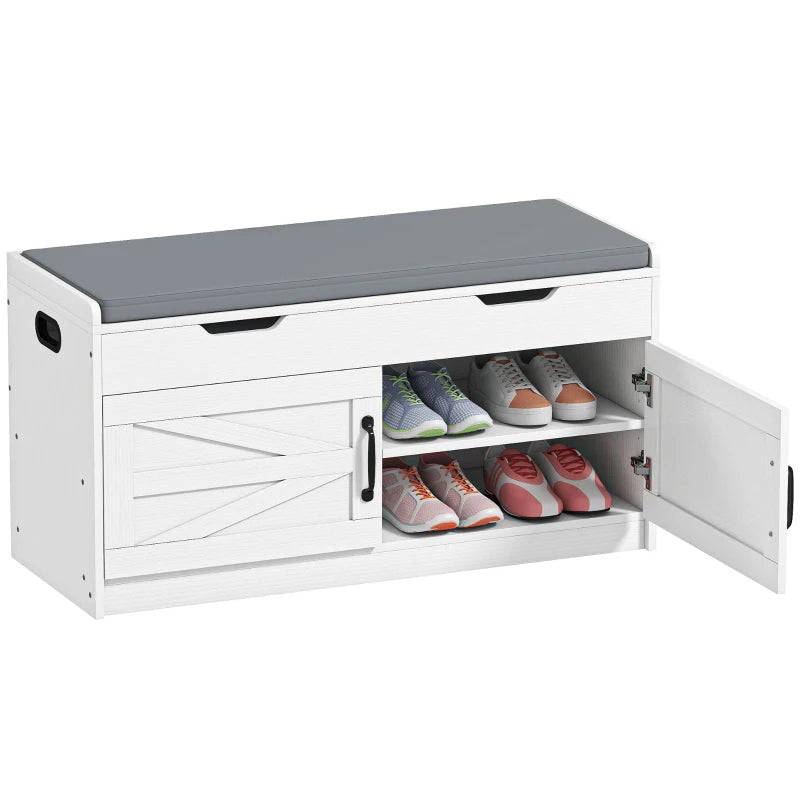 Shoe Storage Bench, Entryway Bench with 2-Tier Cabinet, Flip-Top Storage, Padded Cushion for Hallway, White