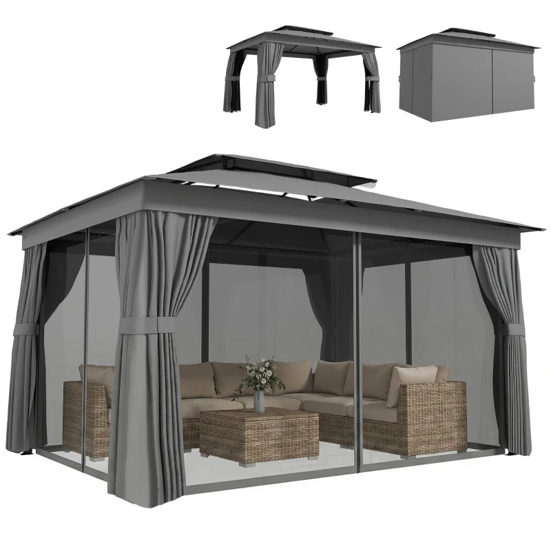 10' x 12.5' Outdoor Gazebo with Curtains and Netting, Double Roof Metal Patio Gazebo Canopy Shelter with Hook, Dark Grey