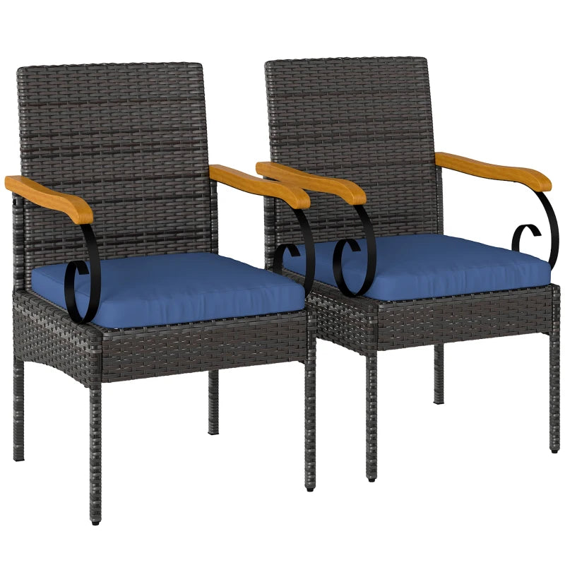 Set of 2 Rattan Outdoor Dining Chairs, Wicker Patio Chairs with Removable Cushion, Acacia Wood Armrests, Navy Blue