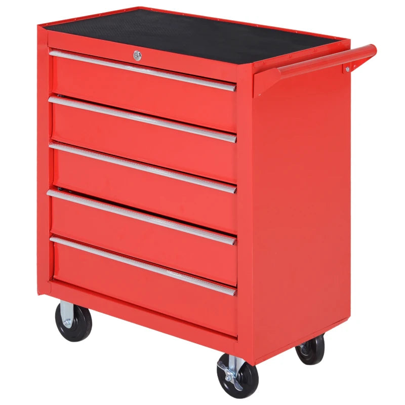 5 Drawer Roller Tool Chest, Mobile Lockable Toolbox, Storage Organizer with Handle for Workshop Mechanics Garage, Red