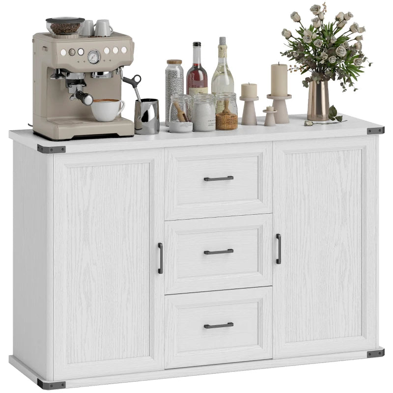 Sideboard with 3 Drawers and 2 Doors, 47" Buffet Cabinet with Adjustable Shelves for Kitchen, White Wood Grain