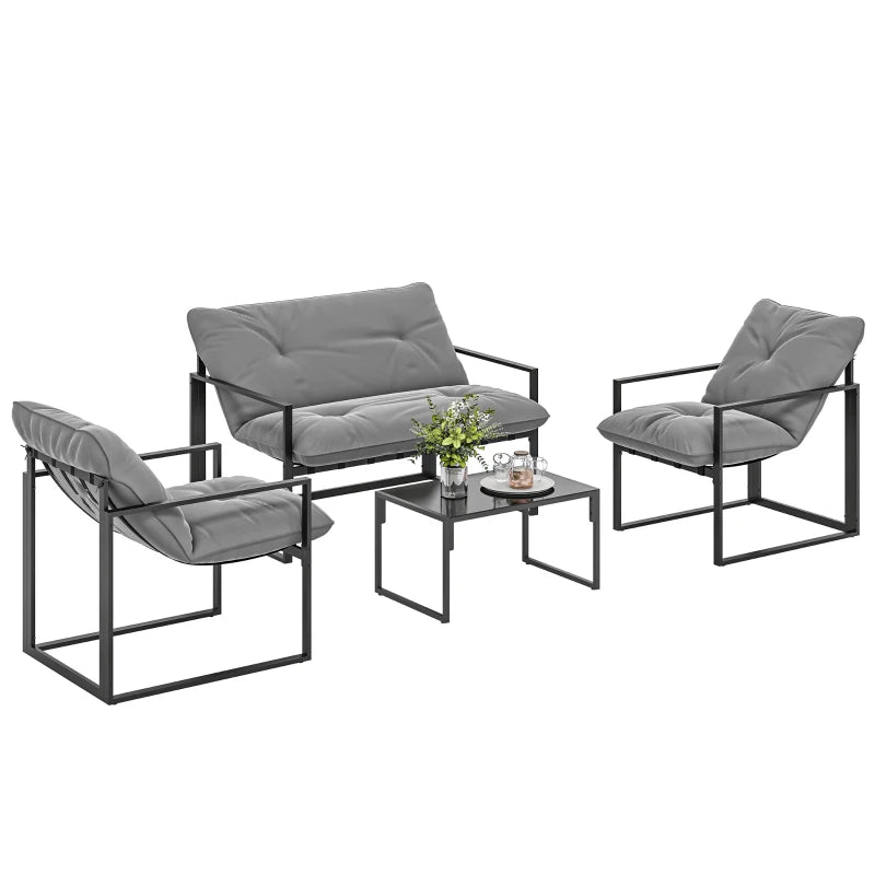 4 Piece Outdoor Furniture Set, Patio Conversation Set with Tempered Glass Table, Loveseat, Chairs, Cushions, Light Grey