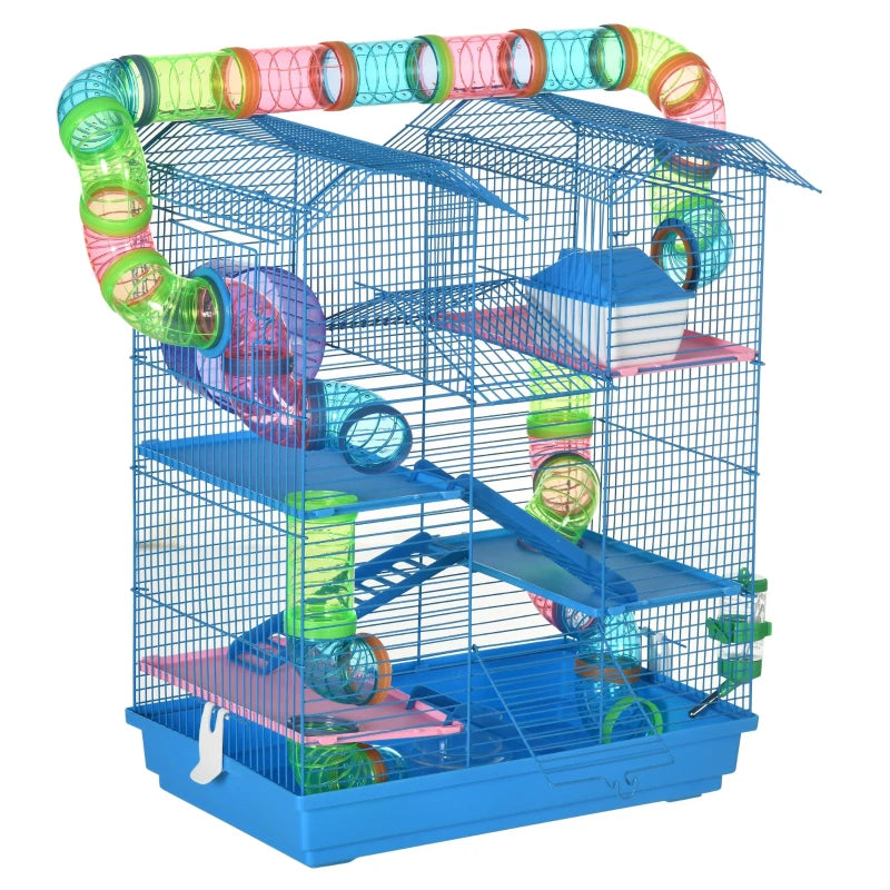 18.5" Hamster Cage, 5 Tiers Small Animal House with Tunnel Tube System, Exercise Wheel, Water Bottle, Blue