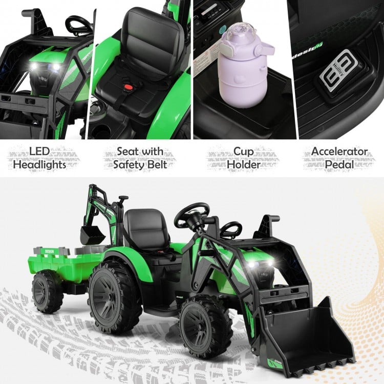 12V 3 in 1 Kids Ride On Excavator with Shovel Bucket and Music-Green