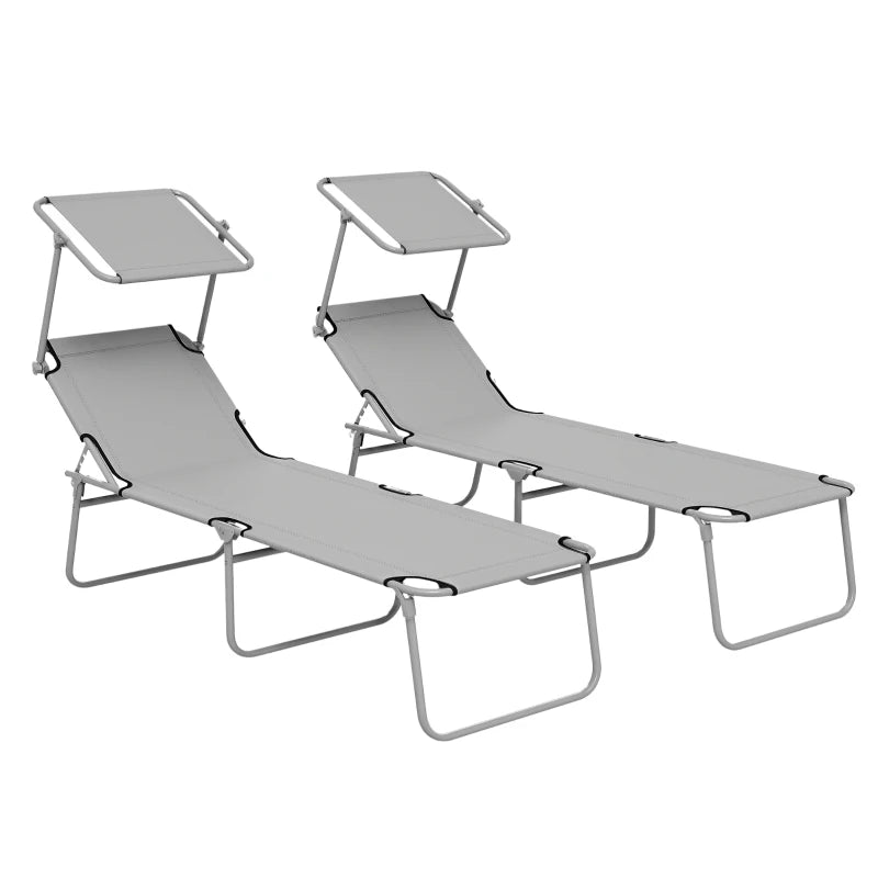 2Pcs Outdoor Lounge Chair, Adjustable Folding Chaise Lounge with Sun Shade for Beach, Camping, Hiking, Light Grey
